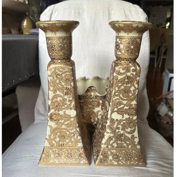 Vintage Chinese set Pair Hand Painted Candle Holders Candlestick gold bowl Asian - Picture 2 of 16